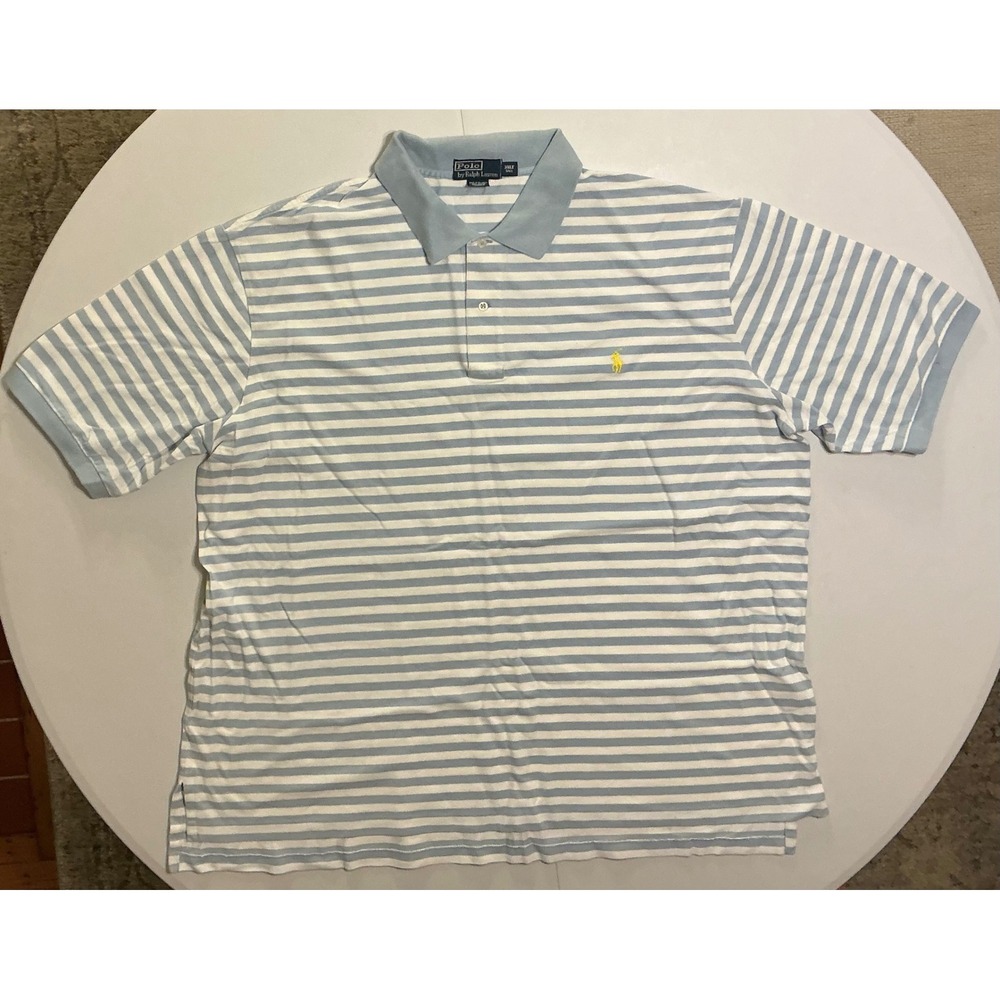 VTG Y2K Polo Ralph Lauren Mens 3XLT Striped Polo Shirt Blue White Short Sleeve